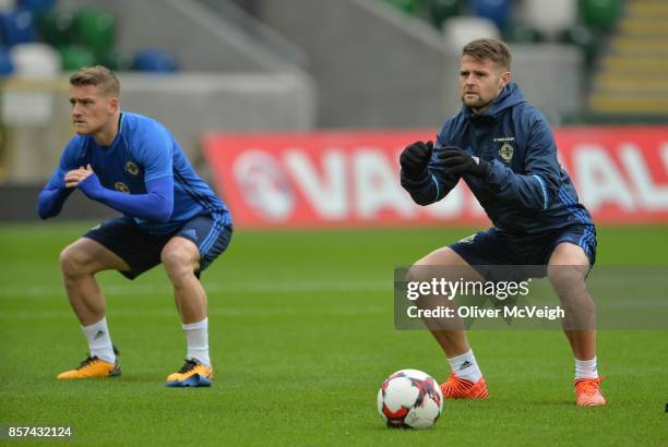 Belfast , United Kingdom - 4 October 2017; Steve Davis and Oliver Norwood of Northern Ireland during squad training at Windsor Park in Belfast.