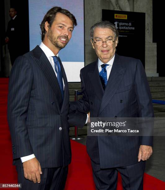 Giovanni Tronchetti and Massimo Moratti attend a ceremony announcing the return of Pirelli to the Milan Stock-Exchange on October 4, 2017 in Milan,...