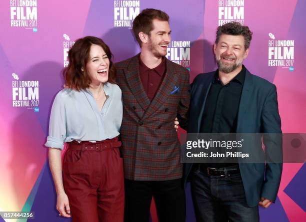 Actors Andrew Garfield, Claire Foy and director Andy Serkis attend a photocall for "Breathe" during the 61st BFI London Film Festival on October 4,...