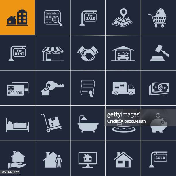 real estate icon set - sold out sign stock illustrations