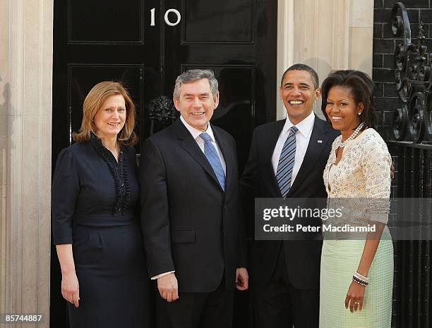 Prime Minister Gordon Brown and his wife Sarah Brown meet with U.S. President Barack Obama and his wife first lady Michelle Obama in Downing Street...