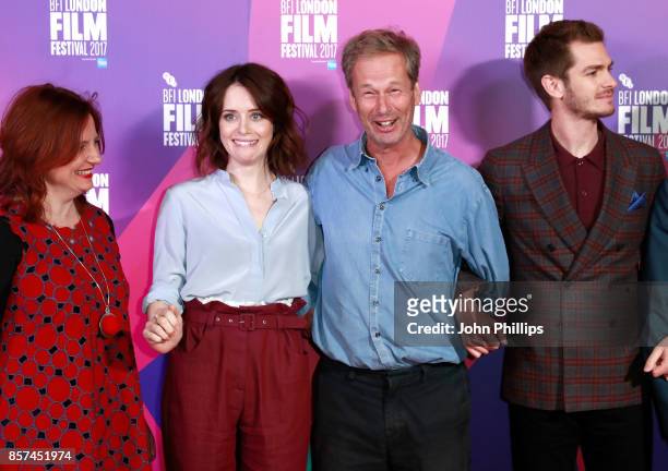 Festival director Clare Stewart, actor Claire Foy, producer Jonathan Cavendish and actor Andrew Garfield attend a photocall for "Breathe" during the...