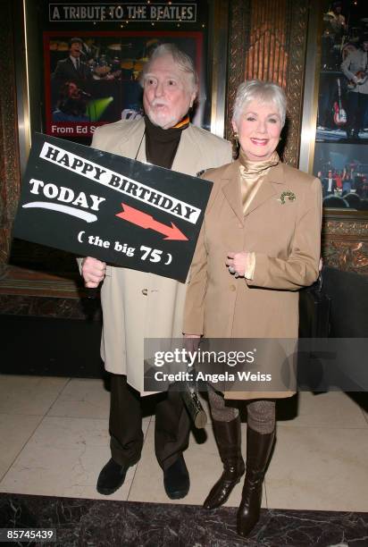 Actors Marty Ingels and Shirley Jones, who is celebrating her 75th birthday tonight, arrive at the opening night for 'Rain: A Tribute to the Beatles'...