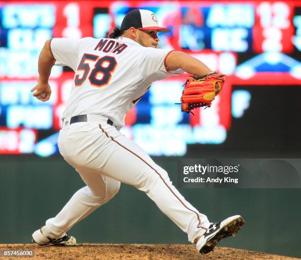 Gabriel Moya of the Minnesota Twins throws against the Detroit Tigers in the ninth inning during their baseball game on October 1, 2017 at Target...