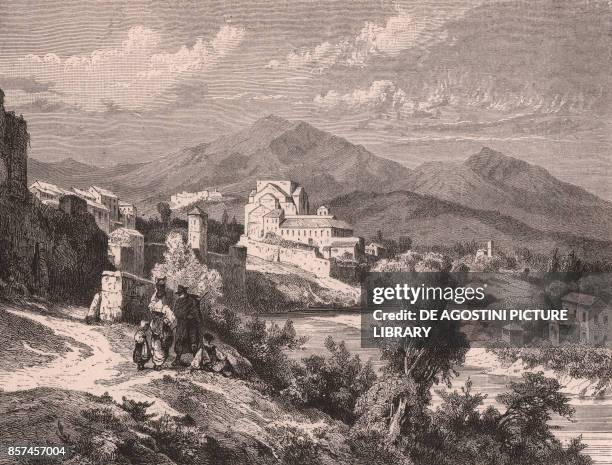 View of Petra Roseti on the Calore River, near Benevento, Campania, Italy, woodcut, 19x16 cm, from Viaggio pittoresco dall'Alpi all'Etna, by Karl...