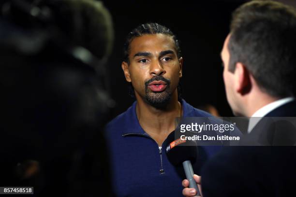 David Haye speaks to the media during a press conference at the Park Plaza Hotel on October 4, 2017 in London, England. Haye and Bellew will face...