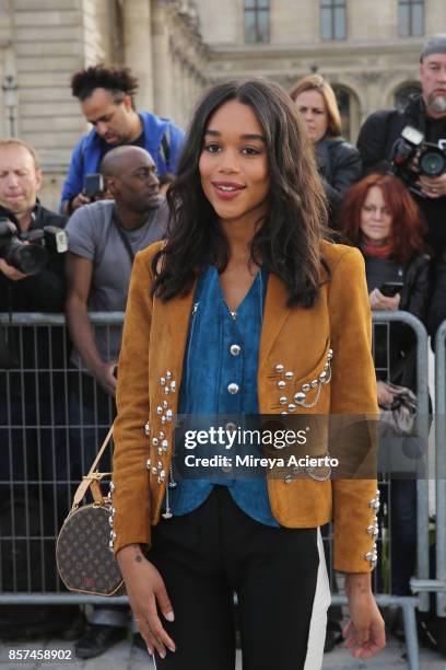 Actress, Laura Harrier attends the Louis Vuitton show as part of the Paris Fashion Week Womenswear Spring/Summer 2018 on October 3, 2017 in Paris,...