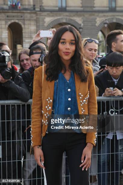 Actress, Laura Harrier attends the Louis Vuitton show as part of the Paris Fashion Week Womenswear Spring/Summer 2018 on October 3, 2017 in Paris,...
