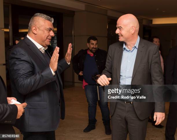 Claudio Chiqui Tapia president of AFA receives Gianni Infantino president of FIFA at Park Hyatt Hotel as part of an official visit to Buenos Aires to...