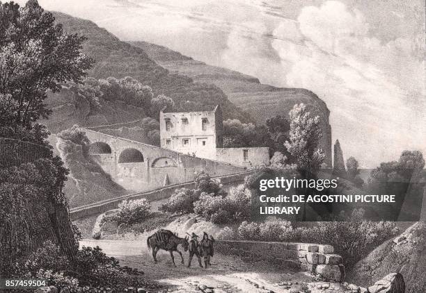 Travellers on the country road between Castellammare di Stabia and Vico Equense, Campania, Italy, lithograph by Villeneuve after a drawing by Jules...