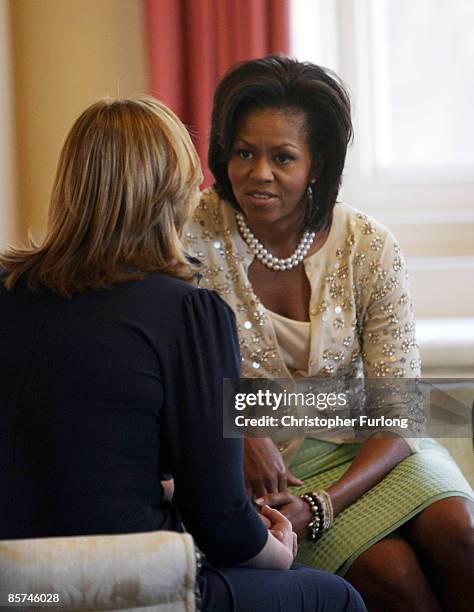 First lady Michelle Obama and Sarah Brown talk inside 10 Downing Street on April 1, 2009 in London, England. US President Obama is on his first trip...