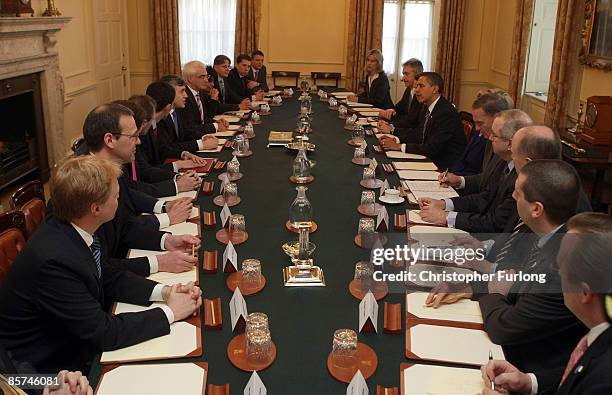 President Barack Obama and British Prime Minister Gordon Brown hold talks inside the Cabinet Room of 10 Downing St on April 1, 2009 in London....