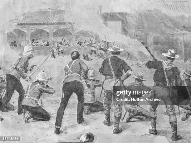 The Siege of the Foreign Legations at Peking during the Boxer Rebellion, June 1900. British troops drive General Tung Fu-hsiang's Moslem troops back...