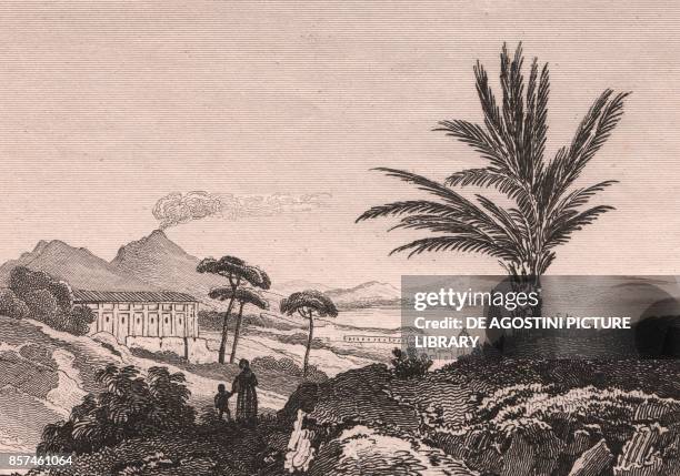 View of the Gulf of Naples from Capodimonte, Campania, Italy, steel engraving by Sauvage after a drawing by Jules Coignet , ca 13x10 cm, from Italie...