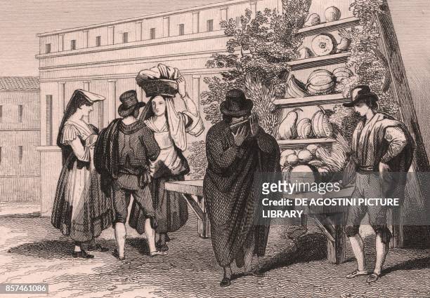 Melon seller in Naples, Campania, Italy, steel engraving by Sauvage after a drawing by Emile Wattier , ca 13x10 cm, from Italie pittoresque, Tableau...