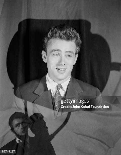 American actor James Dean in a double-exposure, promotional portrait for director Elia Kazan's film, 'East of Eden', 1955.