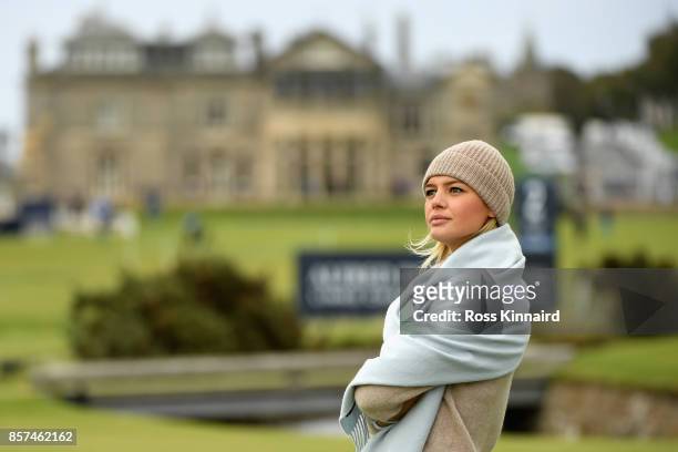Kelly Rohrbach, Actress looks on from the 2nd tee during practice prior to the 2017 Alfred Dunhill Links Championship at The Old Course on October 4,...