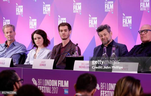 Producer Jonathan Cavendish, actors Claire Foy and Andrew Garfield, director Andy Serkis and screenwriter William Nicholson attend the press...