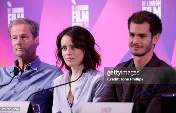 Producer Jonathan Cavendish and actors Claire Foy and Andrew Garfield attend the press conference for "Breathe" during the 61st BFI London Film...