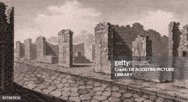 Ancient ruins in Pompeii's main street , Campania, Italy, etching, ca 17x10, from Voyage pittoresque a Naples et en Sicile, Nouvelle edition, by...