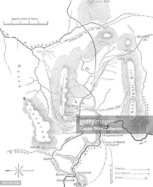 Plan of the Marches near Isandhlwana between Jan. 12th and 22nd, 1879', circa 1880. From British Battles on Land and Sea, Vol. IV, by James Grant....