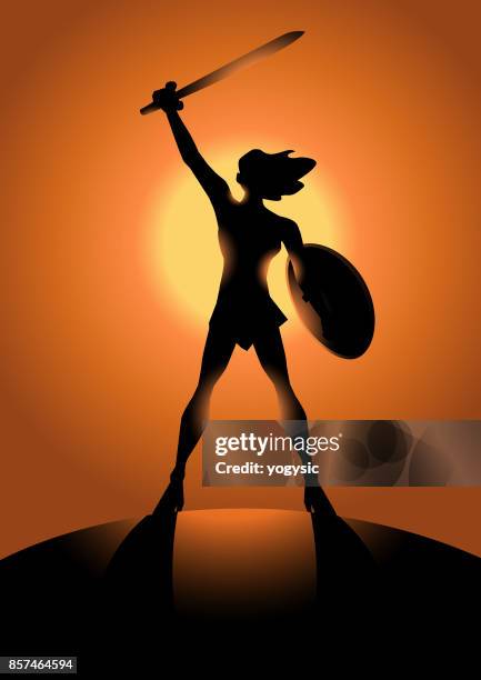 vector female warrior superhero silhouette raising sword - woman screaming stock illustrations
