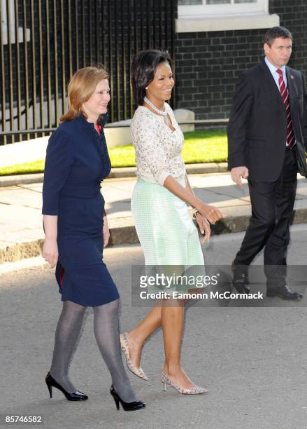 Sarah Brown and Michelle Obama during presidential visit to 10 Downing Street on April 1, 2009 in London, England.