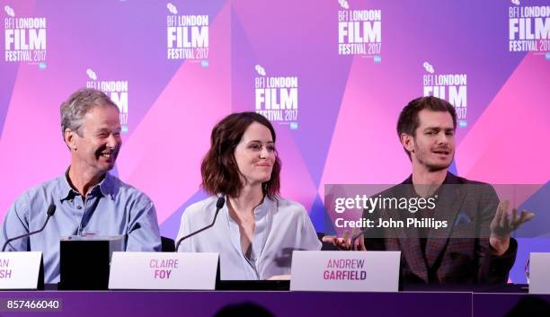 Producer Jonathan Cavendish and actors Claire Foy and Andrew Garfield attend the press conference for "Breathe" during the 61st BFI London Film...