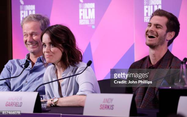 Producer Jonathan Cavendish and actors Claire Foy and Andrew Garfield attend the press conference for "Breathe" during the 61st BFI London Film...