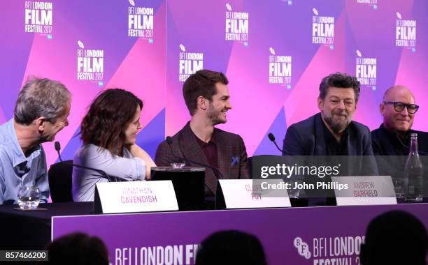 Producer Jonathan Cavendish, actors Claire Foy and Andrew Garfield, director Andy Serkis and screenwriter William Nicholson attend the press...