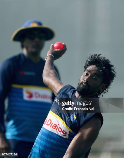 Nuwan Pradeep of Sri Lanka bowls during a nets session at ICC Cricket Academy on October 4, 2017 in Dubai, United Arab Emirates.