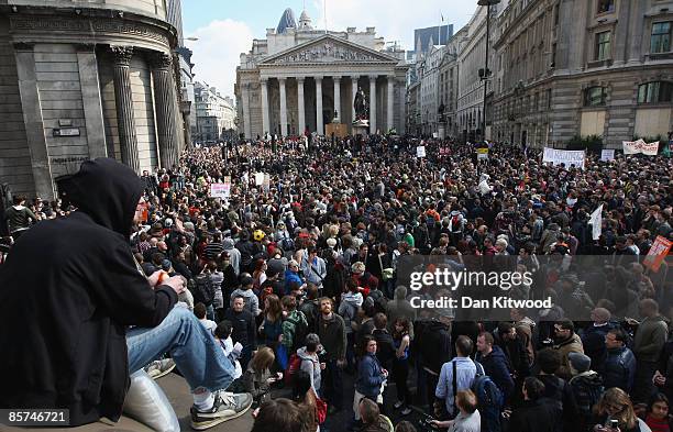 Mass group of anti capitalist and climate change activists converge on the Bank of England as they demonstrate in the City on April 1, 2009 in...