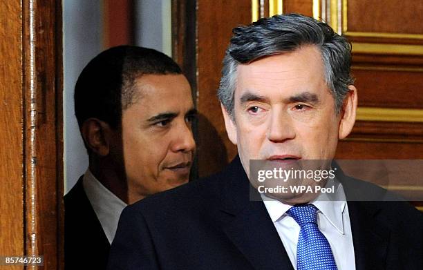 Britain's Prime Minister Gordon Brown and US President Barack Obama arrive for a press conference at the Foreign and Commonwealth Office on April 1,...