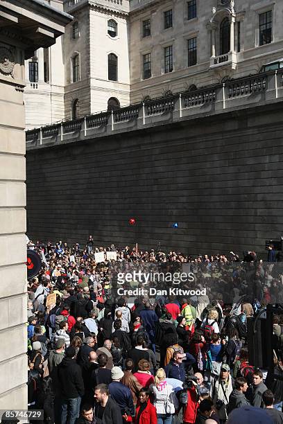 Mass group of anti capitalist and climate change activists converge on the Bank of England as they demonstrate in the City on April 1, 2009 in...