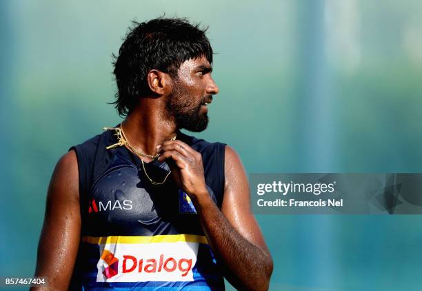 Nuwan Pradeep of Sri Lanka looks on during a nets session at ICC Cricket Academy on October 4, 2017 in Dubai, United Arab Emirates.