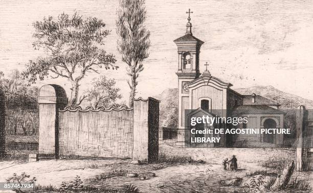 View of the Church of Saint Mary, Canovella, Marzabotto, Emilia-Romagna, Italy, lithograph, ca 13x17 cm, from Le Chiese Parrocchiali della Diocesi di...