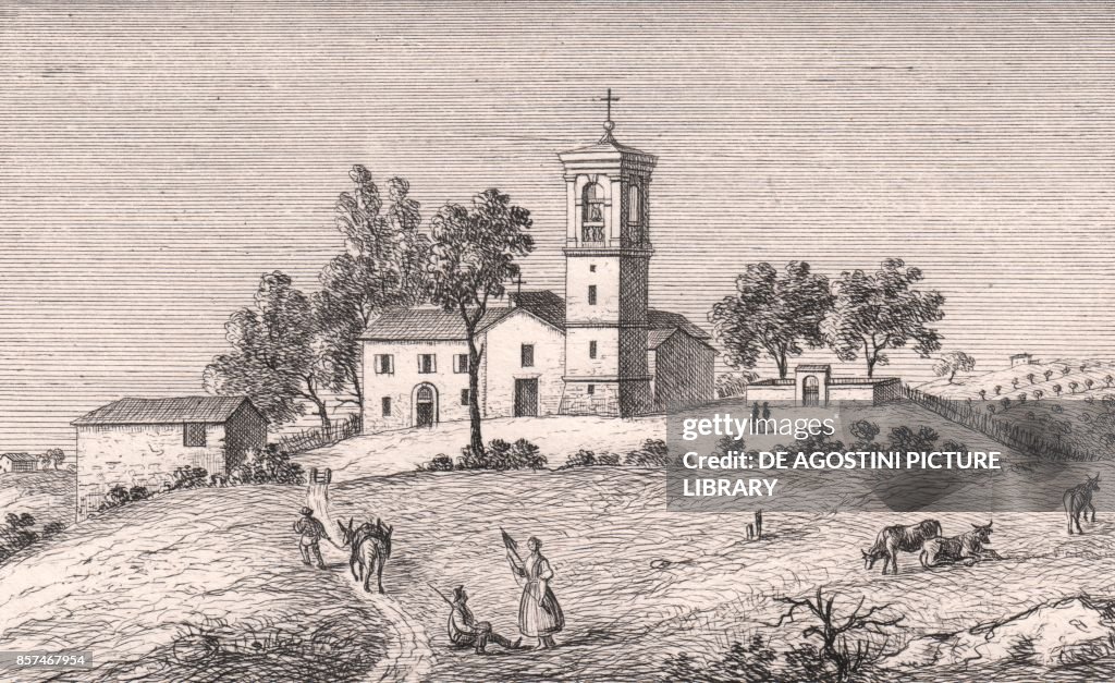 View of Church of Saint Michael Archangel, Montepastore, Monte San Pietro, Emilia-Romagna, Italy, lithograph, circa 13x17 cm