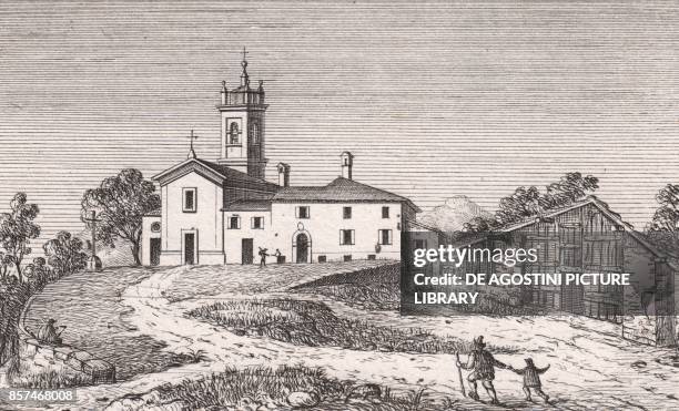 View of the Church of Saint Martin, Caprara, Marzabotto, Emilia-Romagna, Italy, lithograph, ca 13x17 cm, from Le Chiese Parrocchiali della Diocesi di...