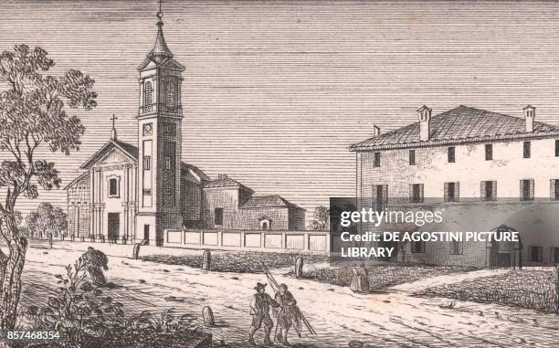 View of the Church of Saint Augustine, Sant'Agostino , Emilia-Romagna, Italy, lithograph, ca 13x17 cm, from Le Chiese Parrocchiali della Diocesi di...