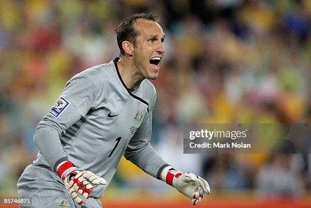 Mark Schwarzer of Australia shouts at his team mates during the 2010 FIFA World Cup qualifying match between the Australian Socceroos and Uzbekistan...