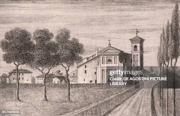 View of the Church of Saint Michael the Archangel, Quarto Inferiore, Granarolo dell'Emilia, Emilia-Romagna, Italy, lithograph, ca 13x17 cm, from Le...