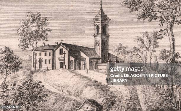 View of the Church of Saint Thomas, Sperticano, Marzabotto, Emilia-Romagna, Italy, lithograph, ca 13x17 cm, from Le Chiese Parrocchiali della Diocesi...
