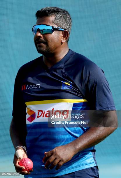 Rangana Herath of Sri Lanka looks on during a nets session at ICC Cricket Academy on October 4, 2017 in Dubai, United Arab Emirates.