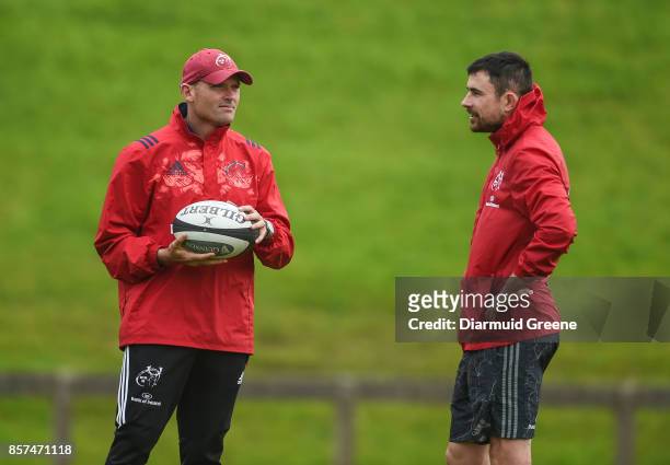 Limerick , Ireland - 4 October 2017; Munster defence coach Jacques Nienaber in conversation with technical coach Felix Jones during Munster Rugby...