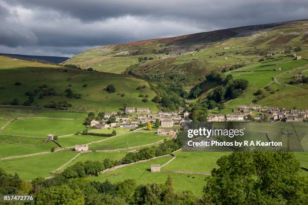 the village of gunnerside in swaledale, yorkshire dales, england - aerial barn stock pictures, royalty-free photos & images
