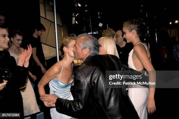 Shalom Harlow, Guinevere van Seenus, Amber Valletta, Gianni Versace, Donatella Versace Versus fashion show Bryant Park, NYC March 26, 1996.