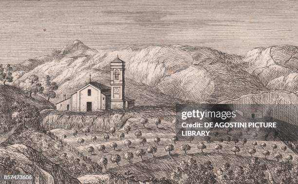 View of the Church of Saint Stephen, Pian di Venola, Marzabotto, Emilia-Romagna, Italy, lithograph, ca 13x17 cm, from Le Chiese Parrocchiali della...