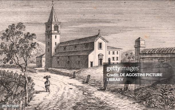 View of the Church of Saint Mary of the Assumption, Luminasio, Marzabotto, Emilia-Romagna, Italy, lithograph, ca 13x17 cm, from Le Chiese...