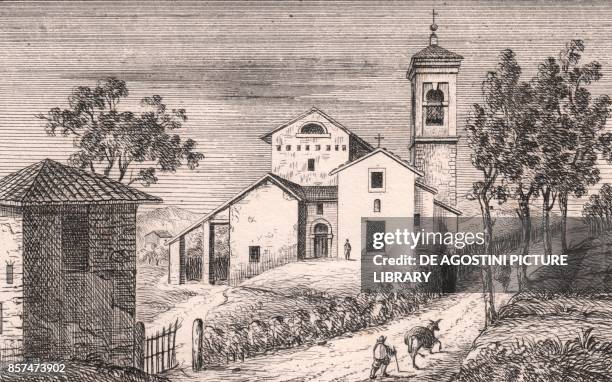 View of the Church of Saints Mary of the Assumption and Anthony of Padua, Malfolle, Marzabotto, Emilia-Romagna, Italy, lithograph, ca 13x17 cm, from...