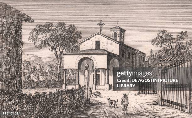 View of the Church of Saint Michael the Archangel, Montasico, Marzabotto, Emilia-Romagna, Italy, lithograph, ca 13x17 cm, from Le Chiese Parrocchiali...